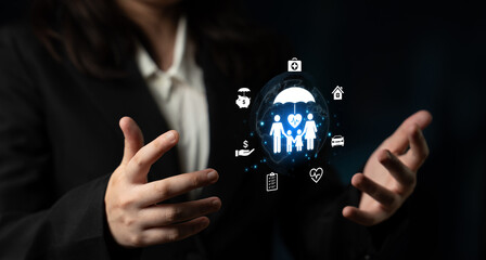 Concept of comprehensive insurance coverage and financial planning. A policy that provides life, health, and asset protection for a family's security and risk management. Fermion