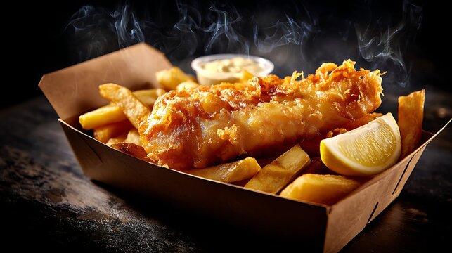 Classic british fish and chips served in a takeaway box. - Powered by Adobe