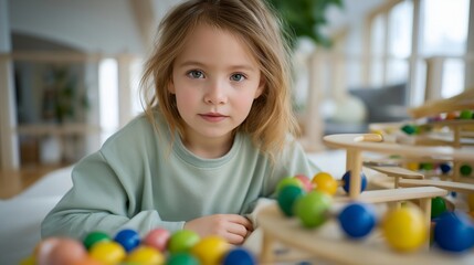 A child playing with a kinetic marble run, colorful ramps and spirals guiding marbles through loops as STEM learning unfolds — hands-on engineering, educational motion toys, and creative science