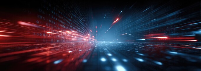 Abstract composition featuring digital lines and streaks in red and blue, evoking speed and data flow