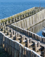 Fototapeta premium breakwaters wooden piles protect the coast