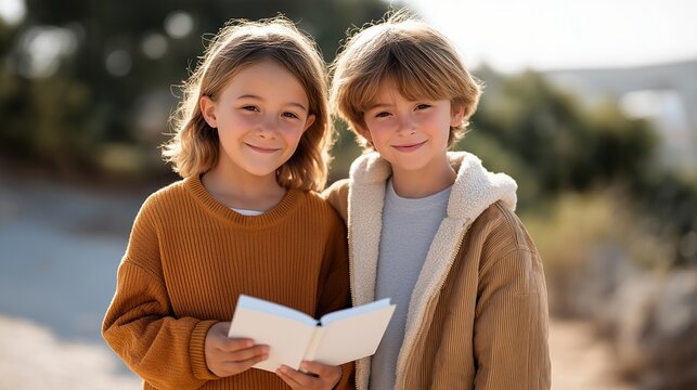 Two smiling children holding white book mockup together outdoors under sunny sky — representing teamwork, learning friendship, and kid-focused creative mockup concept. cinematic color correction,