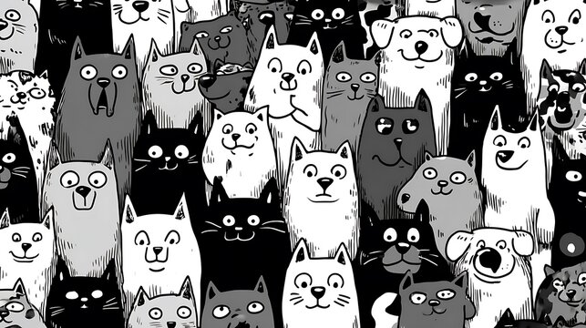 A playful seamless pattern featuring a delightful mix of cartoon dogs and cats in black and white, creating a fun and engaging design for various creative applications