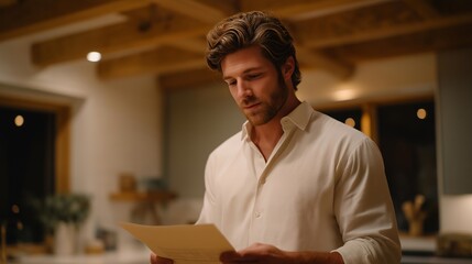 A real estate agent showing subtle anxiety while double-checking documents before a big open house, standing alone in a quiet kitchen with thoughtful concentration — authenticity, behind-the-scenes