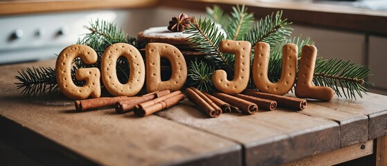 Swedish gingerbread letters God Jul with cinnamon sticks and spruce branches, traditional Swedish Christmas scene, soft focus
