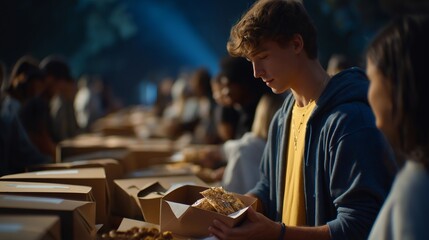 A community group assembling care packages for deployed troops, handwritten letters and homemade snacks spread across a long table — grassroots patriotism, collective appreciation, and human