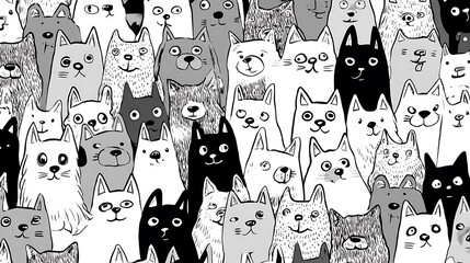 A whimsical seamless pattern showcasing a variety of cartoon dogs and cats in black and white, offering a playful and charming design suitable for diverse creative projects