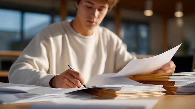A teacher preparing lesson plans from a massive binder filled with worksheets, activity sheets, and grading rubrics — classroom organization, teaching materials management, and education workflow