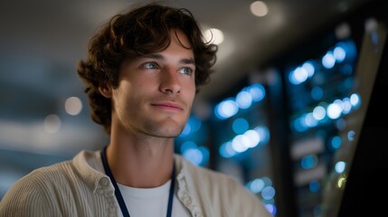 A server room technician inspecting airflow pathways between racks, cool blue LEDs reflecting off cable channels as sensors track temperature and ventilation efficiency — data center cooling,