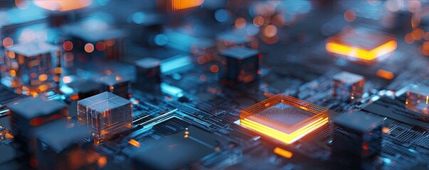 A close-up on a circuit board with glowing, orange and blue cube structures and circuitry detail