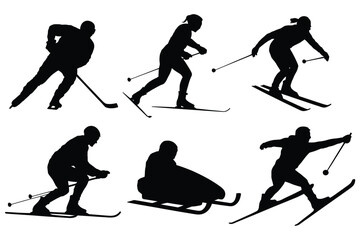 Fototapeta premium Winter sports icon set featuring vector black symbols of skiing and snowboarding, perfect for glyph illustrations, sports graphics, winter activity designs