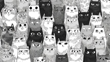 Monochromatic madness a whimsical gathering of cartoon cats, their expressive eyes and varied fur patterns creating a captivating and playful grayscale tapestry