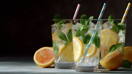 Three tall glasses of refreshing lemonade with ice, lemon slices, mint leaves, and striped straws. Whole and halved lemons are on a blue surface in front of a dark background.