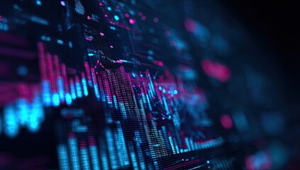 Digital display showing vibrant blue, pink, and purple graphs and data visualizations