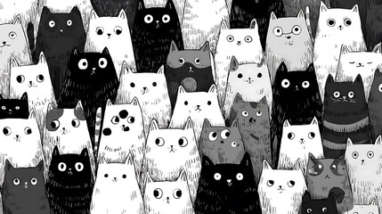 A whimsical gathering of monochrome cats, their expressive eyes and varied poses creating a charming and playful pattern, a delightful feline frenzy
