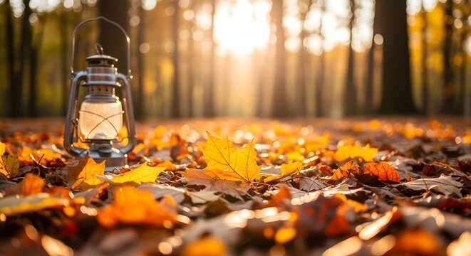 Vintage lantern illuminates autumn leaves in a forest setting - Powered by Adobe