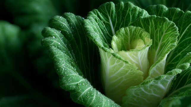 Vibrant green kale leaves with water droplets. Close-up of the heart of the vegetable, emphasizing fresh texture and healthy eating.