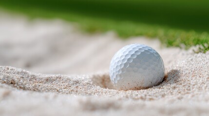 Golf Ball in Bunker, tense moment, macro close-up still life, clean minimal style, sports challenge concept for coaching, strategy, motivation, and tournament
