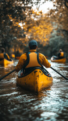 A person in a yellow canoe paddles down a calm river surrounded by vibrant autumn trees and golden foliage.