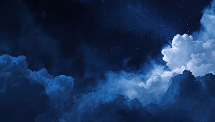 Dark blue night sky filled with fluffy clouds and twinkling stars, peaceful and serene