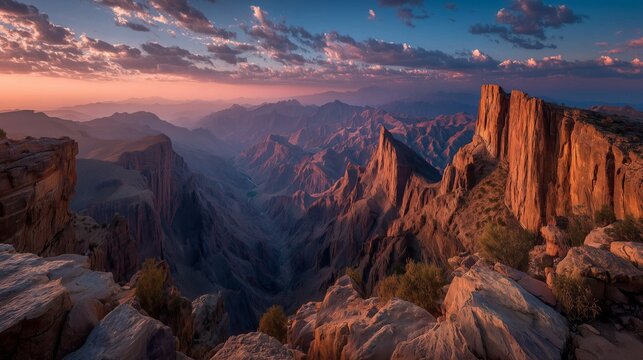 Wide panoramic view of a massive canyon and mountainous landscape at sunset, bathed in rich, warm golden and pink light, highlighting rugged rock formations. - Powered by Adobe