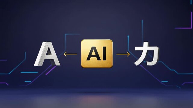 Metallic letters a and chinese latter with glowing ai tile with arrows showing multilingual exchange, ai translation, language technology