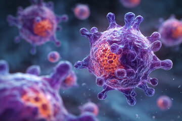 Vibrant microscopic 3D render of purple spiky microorganisms with glowing orange centers floating in a dark blue fluid environment This detailed image shows cellular structures up close