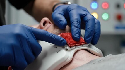Emergency neck brace applied by paramedic to patient, close-up shows emergency neck brace fitting process in hospital. Emergency neck brace secures patient’s neck for medical transport