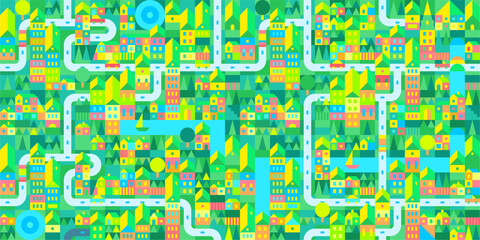 Trendy Seamless Abstract Cartoon Urban Vector Bauhaus Swiss Geometric City Pattern Design Background Template