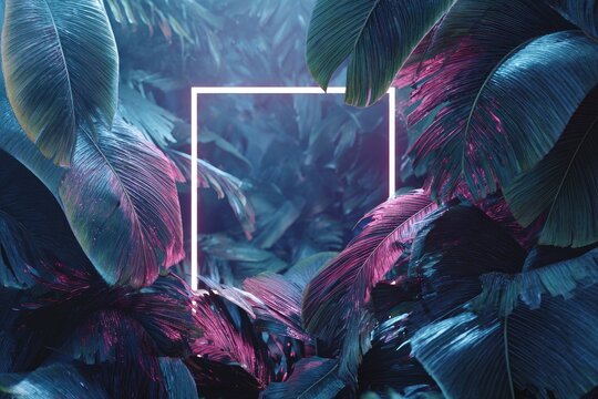 Lush leaves surround a bright square, colored with cool blues and warm pinks