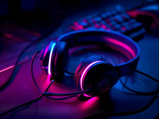 Colorful headphones on a table with bright LED lights during a gaming session in the evening