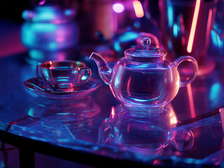 Colorful tea set on a modern table with vibrant lighting in a cozy setting during evening hours