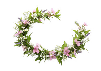 Naklejka premium Delicate semicircular floral wreath pink white blossoms green leaves, isolated on transparent background