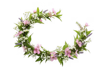 Delicate semicircular floral wreath pink white blossoms green leaves, isolated on transparent background