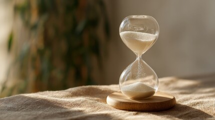 Hourglass Time Management Concept — Calm Sand Countdown on Wooden Base, serene focus in warm sunlight, minimal natural style for productivity and mindfulness visuals, highlighting deadline awareness