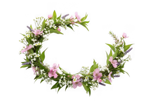 Delicate semicircular floral wreath pink white blossoms green leaves, isolated on transparent background