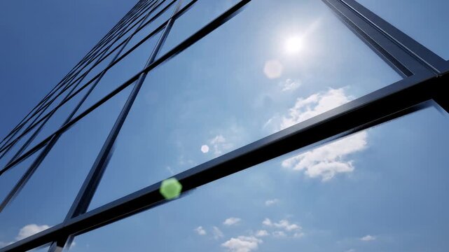 Modern glass building interior with transparent walls and windows creating bright reflections in contemporary business hall with urban city view through glass facade 4k