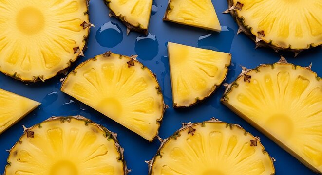 A close-up shot of juicy pineapple slices, capturing their vibrant yellow color and refreshing texture against a vibrant blue backdrop.