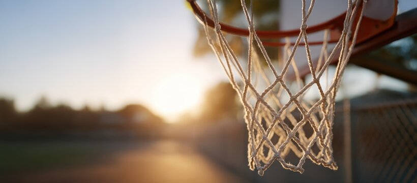 Basketball court sunset — close-up outdoor hoop and net, calm motivation, shallow depth of field, golden light, minimal style, inspirational sports background for fitness, training, and youth