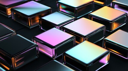 Colorful gradient glass cubes on a black background forming an abstract futuristic geometric hologram pattern with shiny metallic surfaces.