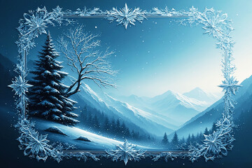 Winter Landscape with Frosty Ice Crystal Snowflake Frame and Sparkling Snow, decorative Illustration
