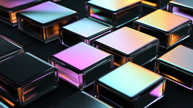 Colorful gradient glass cubes on a black background forming an abstract futuristic geometric hologram pattern with shiny metallic surfaces.