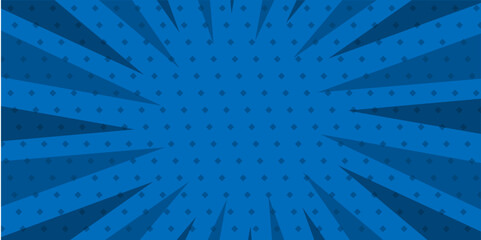 Blue Comic Pop Art Style Background with Radial Zoom Lines and Halftone Dot Texture for Action, Speed, and Focus