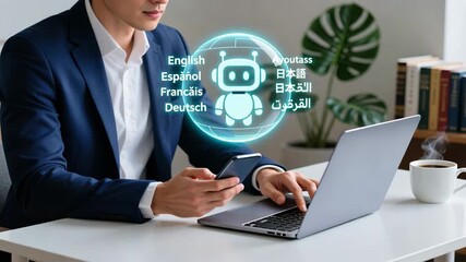Businessman using laptop and smartphone with holographic chatbot icon and glowing multiple languages, ai translation, language technology - Powered by Adobe
