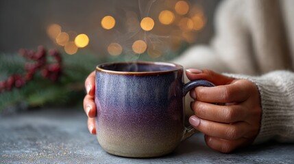 Winter Coffee Mug Held in Hands — Warm Comfort, Soft Bokeh Holiday Style — Lifestyle Still Life for Seasonal Marketing, Cafe Promotion, Social Media