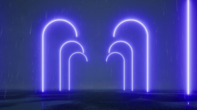 Glowing neon arc with blue light trails and golden sparkles creates a magical 3D effect perfect for dynamic digital backgrounds and modern tech designs 4k