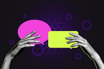 Banner full image art collage of hand show bubble communication icon speech conversation talk phrase social media message