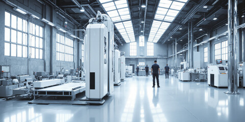 Autonomous robot manufacturing facility with AI-powered production lines, stainless steel finishes, high ceilings, and bright, energy-efficient lighting.