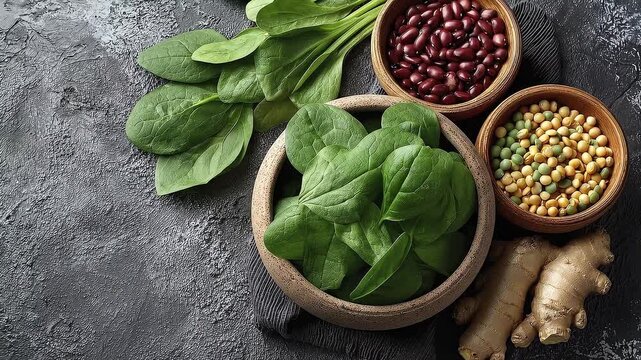 Overhead shot displays bowls of spinach beans ginger on a textured dark surface