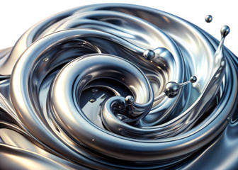 Abstract metallic liquid swirl with droplets isolated on white background